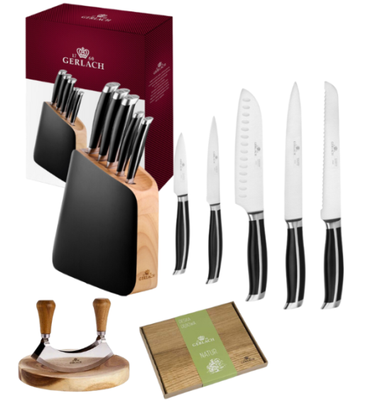 GERLACH LOFT Komplet 5 noży w bloku + Gerlach Natur Tasak z deską do ziół + deska dębowa