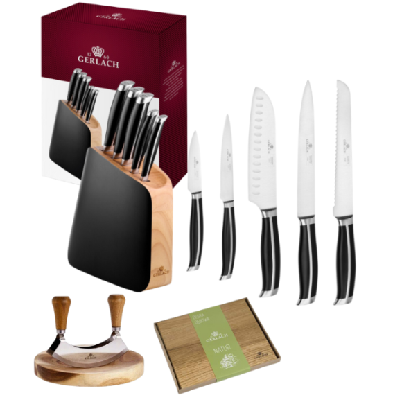 GERLACH LOFT Komplet 5 noży w bloku + Gerlach Natur Tasak z deską do ziół + deska dębowa