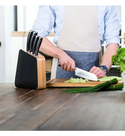 GERLACH LOFT Komplet 5 noży w bloku + Gerlach Natur Tasak z deską do ziół + deska dębowa