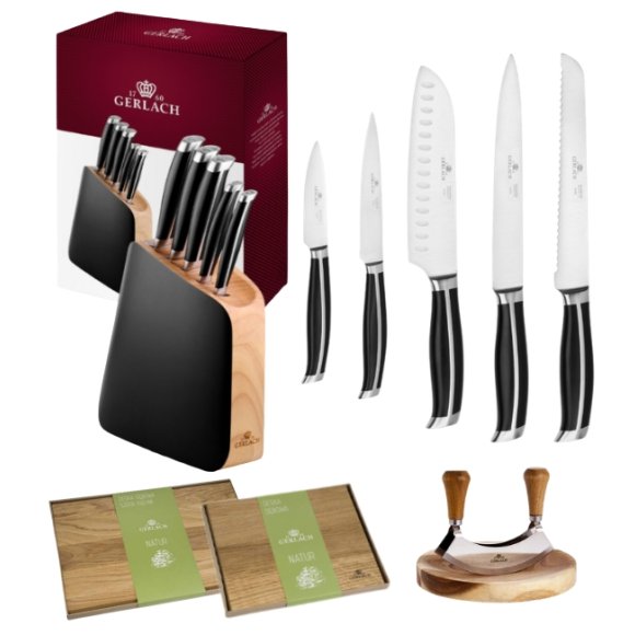 GERLACH LOFT Komplet 5 noży w bloku + Gerlach Natur Tasak z deską do ziół + komplet desek dębowych