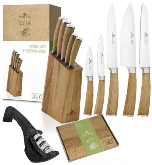 GERLACH NATUR Komplet 5 noży w bloku + ostrzałka 3w1 + deska dębowa
