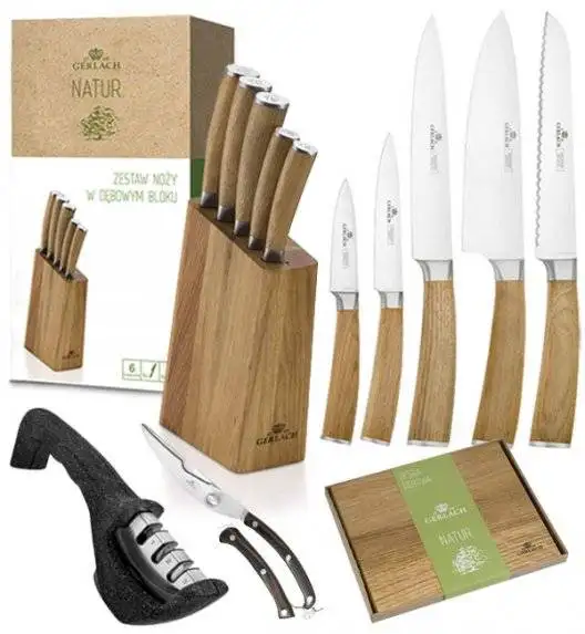 GERLACH NATUR Komplet 5 noży w bloku + ostrzałka 3w1 + deska dębowa + nożyce