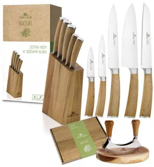 GERLACH NATUR Komplet 5 noży w bloku + Natur Tasak z deską do ziół + deska dębowa