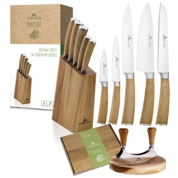 GERLACH NATUR Komplet 5 noży w bloku + Natur Tasak z deską do ziół + deska dębowa