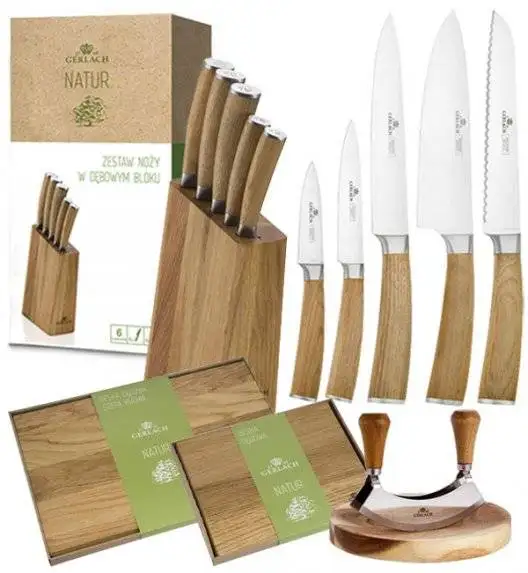 GERLACH NATUR Komplet 5 noży w bloku + Natur Tasak z deską do ziół + komplet desek dębowych