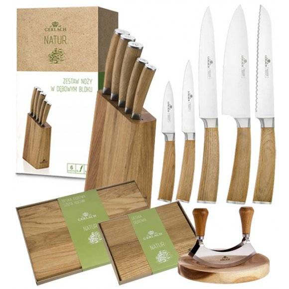 GERLACH NATUR Komplet 5 noży w bloku + Natur Tasak z deską do ziół + komplet desek dębowych