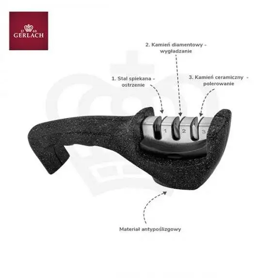 GERLACH STYLE PLUS Komplet 5 noży w bloku + ostrzałka Granitex 3w1 + deska dębowa Natur