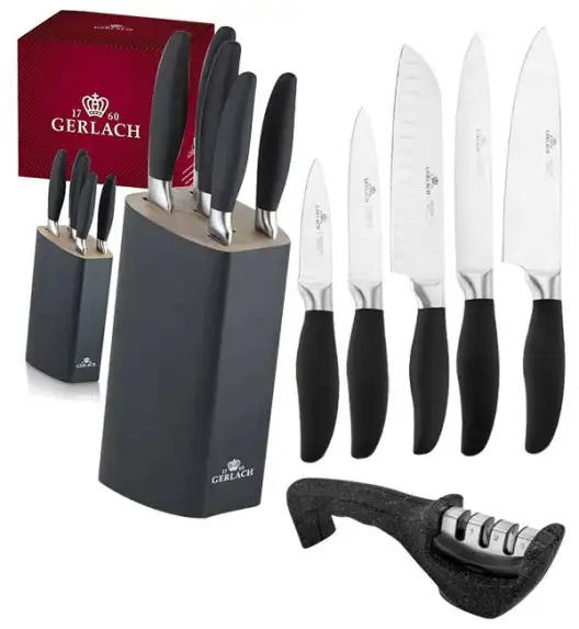 GERLACH STYLE PLUS Komplet 5 noży w bloku + ostrzałka Granitex 3w1 + deska dębowa Natur