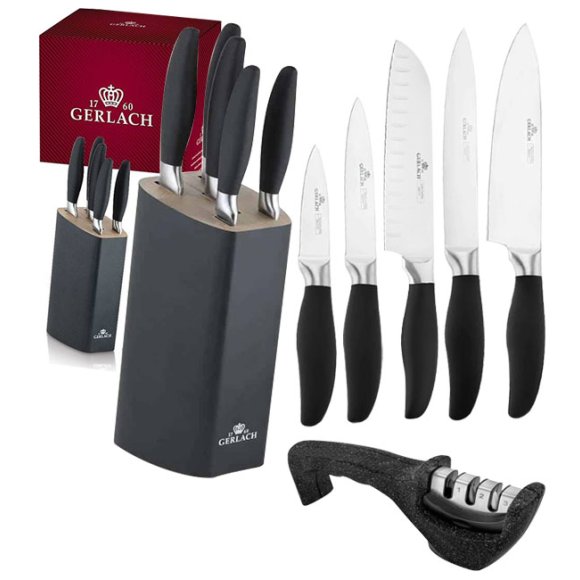 GERLACH STYLE PLUS Komplet 5 noży w bloku + ostrzałka Granitex 3w1 + deska dębowa Natur