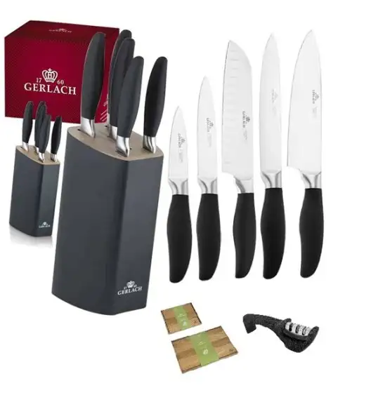 GERLACH STYLE PLUS Komplet 5 noży w bloku + ostrzałka 3w1 Granitex  + komplet dwóch desek dębowych 