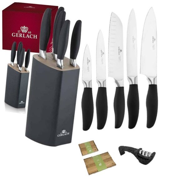 GERLACH STYLE PLUS Komplet 5 noży w bloku + ostrzałka 3w1 Granitex  + komplet dwóch desek dębowych 