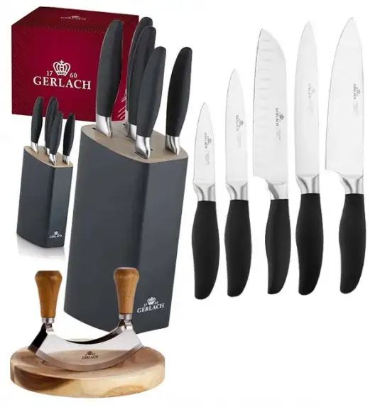 GERLACH STYLE PLUS Komplet 5 noży w bloku + Natur Tasak do ziół z deską 