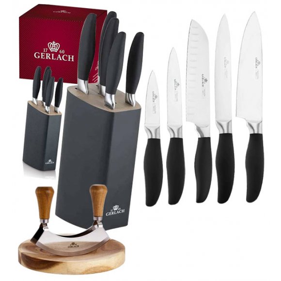 GERLACH STYLE PLUS Komplet 5 noży w bloku + Natur Tasak do ziół z deską 