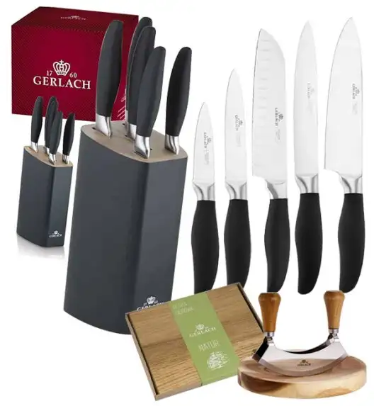 GERLACH STYLE PLUS Komplet 5 noży w bloku + Natur Tasak do ziół z deską +deska dębowa Natur