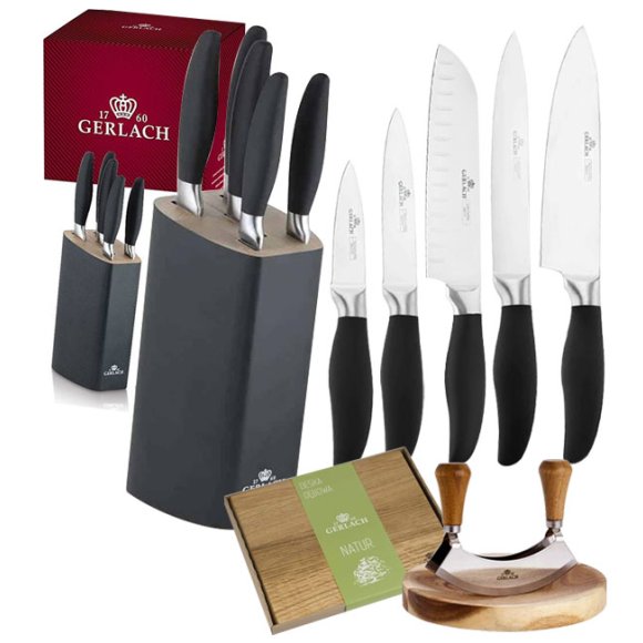 GERLACH STYLE PLUS Komplet 5 noży w bloku + Natur Tasak do ziół z deską +deska dębowa Natur