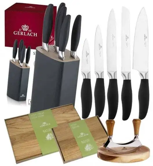 GERLACH STYLE Komplet 5 noży w bloku + Natur Tasak do ziół z deską +komplet desek dębowych