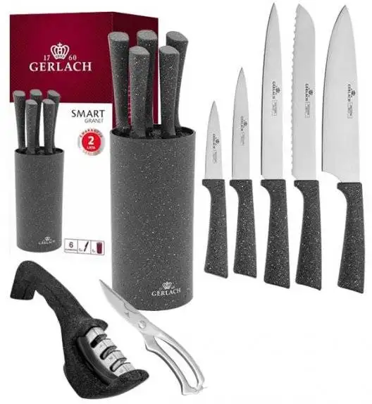 GERLACH SMART GRANIT Komplet 5 noży w bloku + ostrzałka 3w1 + nożyce stalowe do drobiu 
