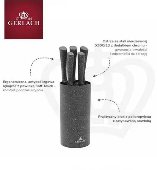 GERLACH SMART GRANIT Komplet 5 noży w bloku + ostrzałka 3w1 +deska drewniana Natur 