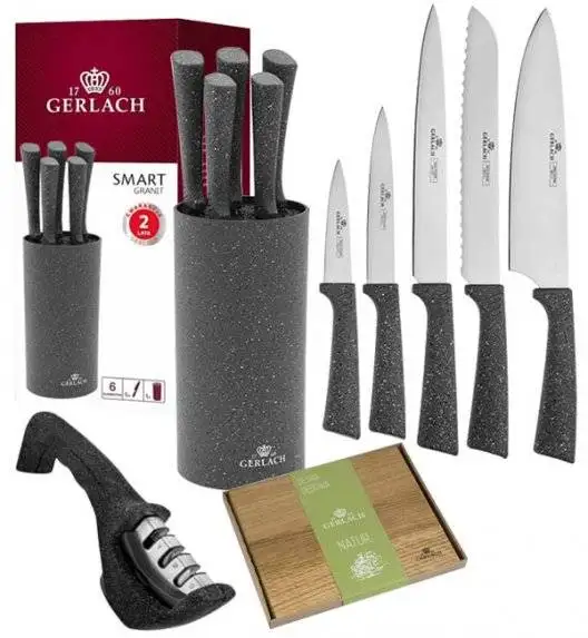 GERLACH SMART GRANIT Komplet 5 noży w bloku + ostrzałka 3w1 +deska drewniana Natur 