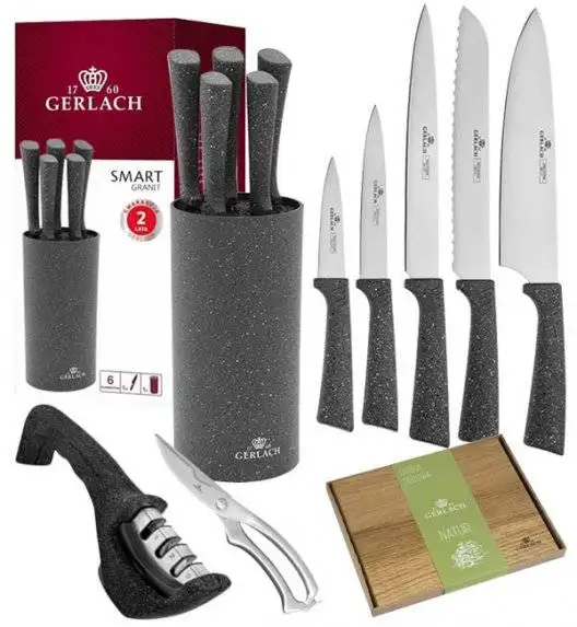 GERLACH SMART GRANIT Komplet 5 noży w bloku + ostrzałka 3w1 +deska drewniana Natur + nożyce stalowe do drobiu
