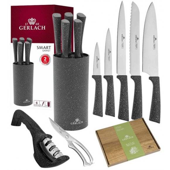 GERLACH SMART GRANIT Komplet 5 noży w bloku + ostrzałka 3w1 +deska drewniana Natur + nożyce stalowe do drobiu