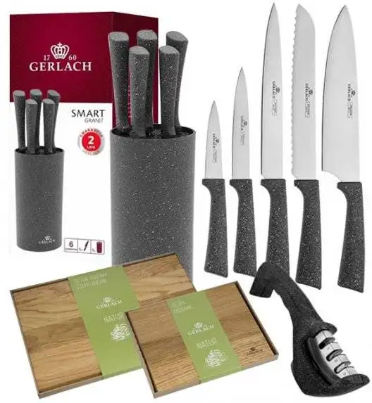 GERLACH SMART GRANIT Komplet 5 noży w bloku + ostrzałka 3w1 +komplet dwóch desek dębowych
