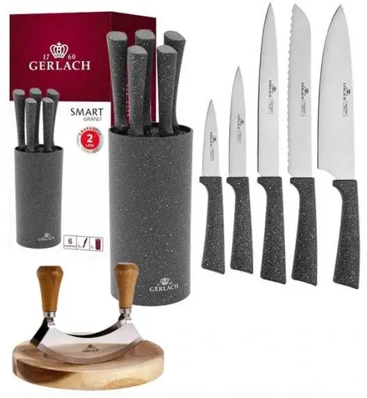 GERLACH SMART GRANIT Komplet 5 noży w bloku + Tasak do ziół z deską 