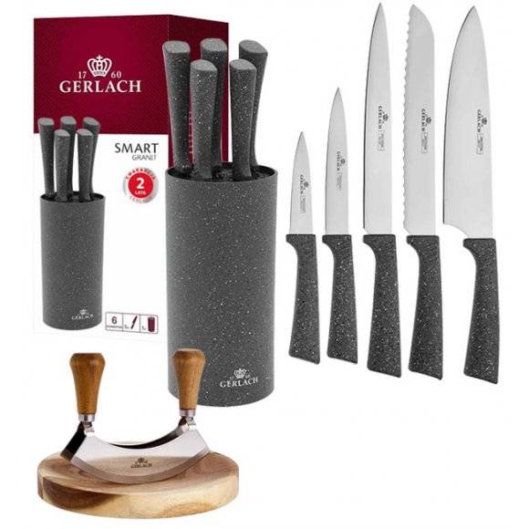 GERLACH SMART GRANIT Komplet 5 noży w bloku + Tasak do ziół z deską 