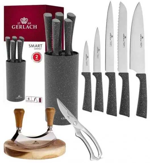 GERLACH SMART GRANIT Komplet 5 noży w bloku + Tasak do ziół z deską +nożyce do drobiu 