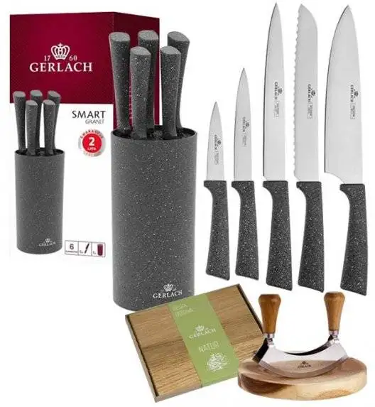 GERLACH SMART GRANIT Komplet 5 noży w bloku + Tasak do ziół z deską +deska Natur mała