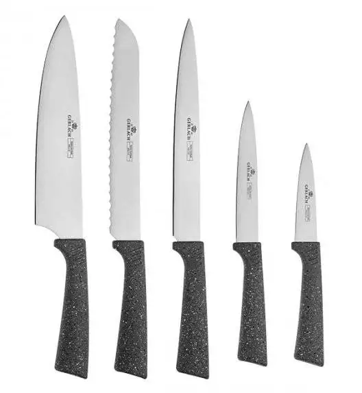 GERLACH SMART GRANIT Komplet 5 noży w bloku + Tasak do ziół z deską +deska Natur mała+ nożyce stalowe do drobiu 