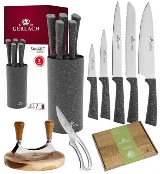 GERLACH SMART GRANIT Komplet 5 noży w bloku + Tasak do ziół z deską +deska Natur mała+ nożyce stalowe do drobiu 