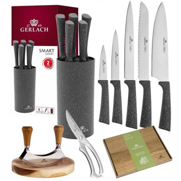 GERLACH SMART GRANIT Komplet 5 noży w bloku + Tasak do ziół z deską +deska Natur mała+ nożyce stalowe do drobiu 