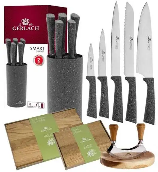 GERLACH SMART GRANIT Komplet 5 noży w bloku + Tasak do ziół z deską +komplet dwóch desek