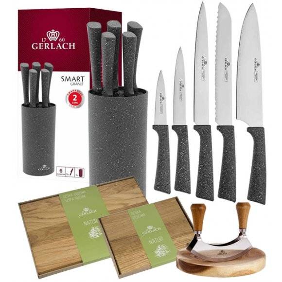 GERLACH SMART GRANIT Komplet 5 noży w bloku + Tasak do ziół z deską +komplet dwóch desek