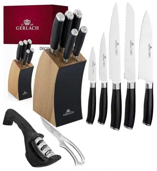 ​GERLACH DECO BLACK Komplet 5 noży w bloku + ostrzałka 3w1+ nożyce do drobiu 