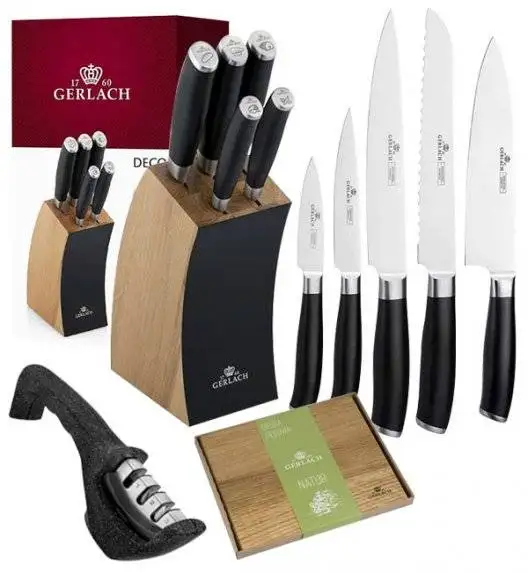 ​GERLACH DECO BLACK Komplet 5 noży w bloku + ostrzałka 3w1+ Deska Natur 30 x 24 cm