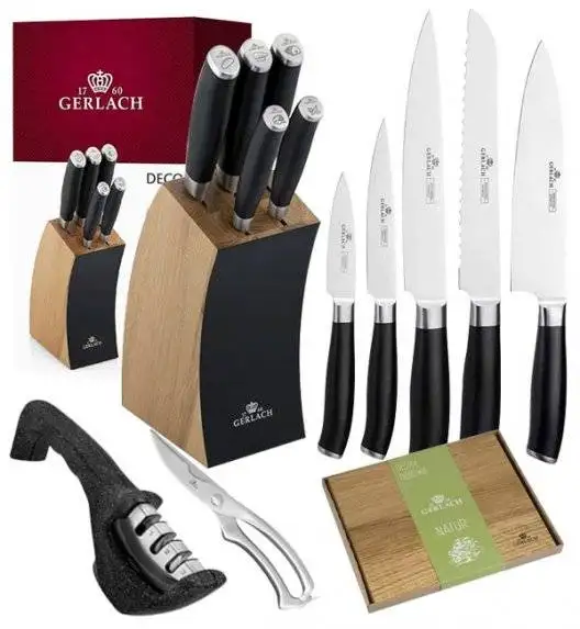 ​GERLACH DECO BLACK Komplet 5 noży w bloku + ostrzałka 3w1+ Deska Natur 30 x 24 cm + nożyce stalowe do drobiu 