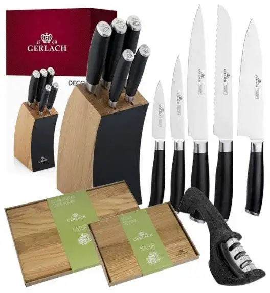 ​GERLACH DECO BLACK Komplet 5 noży w bloku + ostrzałka 3w1+ komplet desek dębowych Natur