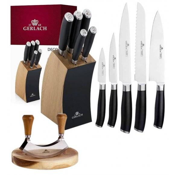 ​GERLACH DECO BLACK Komplet 5 noży w bloku + Natur Tasak do ziół z deską 