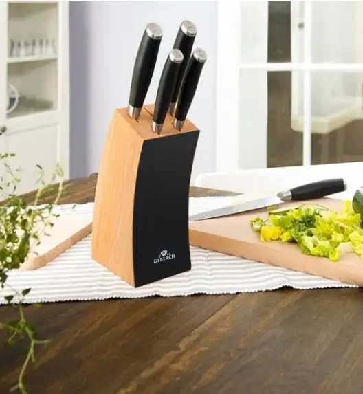 ​GERLACH DECO BLACK Komplet 5 noży w bloku + Natur Tasak do ziół z deską 