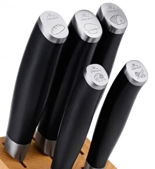 ​GERLACH DECO BLACK Komplet 5 noży w bloku + Natur Tasak do ziół z deską 