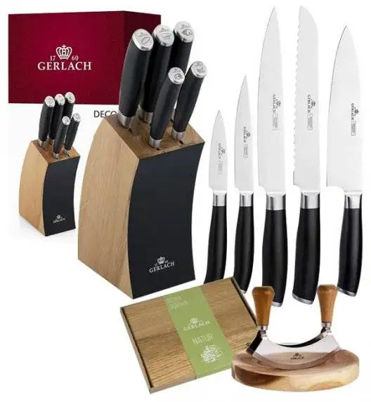 ​GERLACH DECO BLACK Komplet 5 noży w bloku + Natur Tasak do ziół z deską + Deska Natur 30 x 24 cm