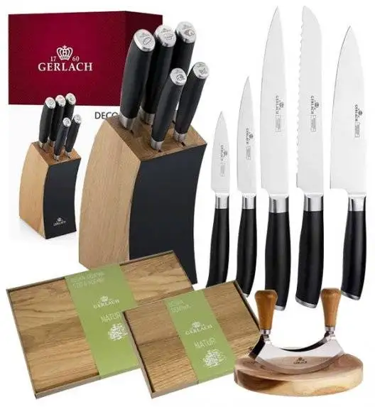 ​GERLACH DECO BLACK Komplet 5 noży w bloku + Natur Tasak do ziół z deską +Komplet desek dębowych 