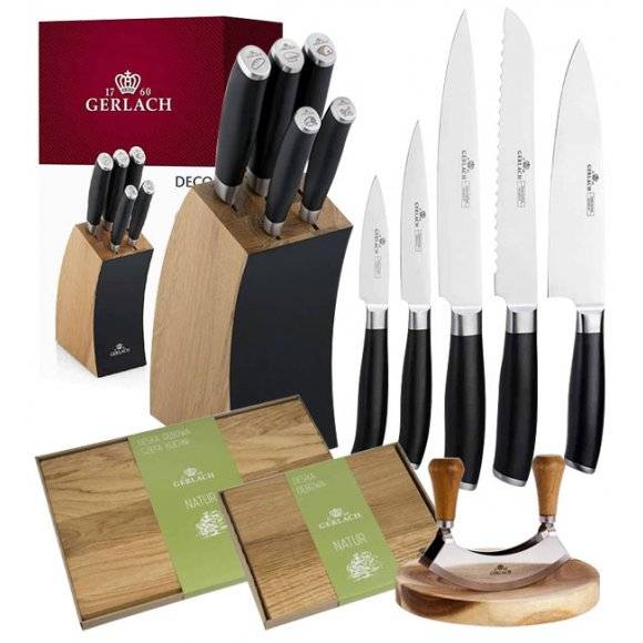 ​GERLACH DECO BLACK Komplet 5 noży w bloku + Natur Tasak do ziół z deską +Komplet desek dębowych 
