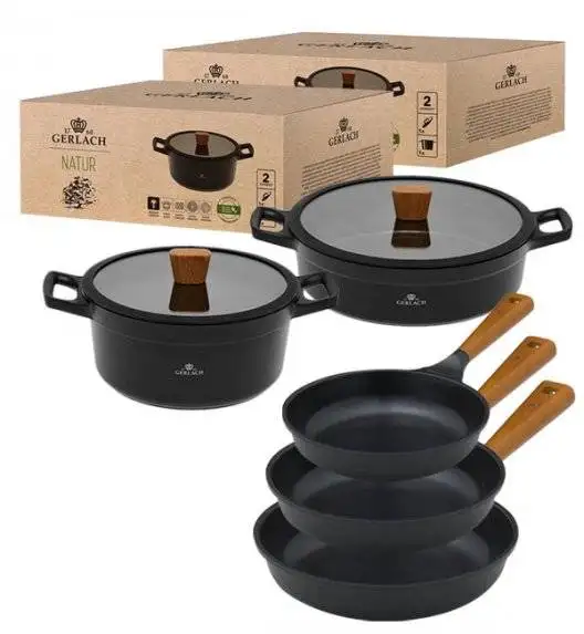 GERLACH NATUR Komplet garnków 24, 28 cm / 4,5 /4,2 L + Patelnie Natur 20, 24, 28 cm / powłoka ILAG Xera Dur 2 Ceramic  / indukcja 
