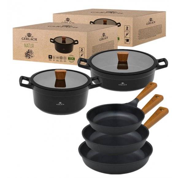 GERLACH NATUR Komplet garnków 24, 28 cm / 4,5 /4,2 L + Patelnie Natur 20, 24, 28 cm / powłoka ILAG Xera Dur 2 Ceramic  / indukcja 