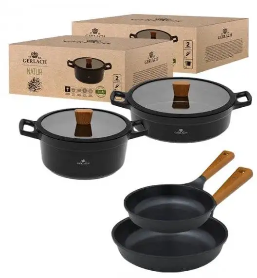 GERLACH NATUR Komplet garnków 24, 28 cm / 4,5 /4,2 L + Patelnie Natur 20, 28 cm / powłoka ILAG Xera Dur 2 Ceramic  / indukcja 