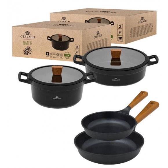 GERLACH NATUR Komplet garnków 24, 28 cm / 4,5 /4,2 L + Patelnie Natur 20, 28 cm / powłoka ILAG Xera Dur 2 Ceramic  / indukcja 