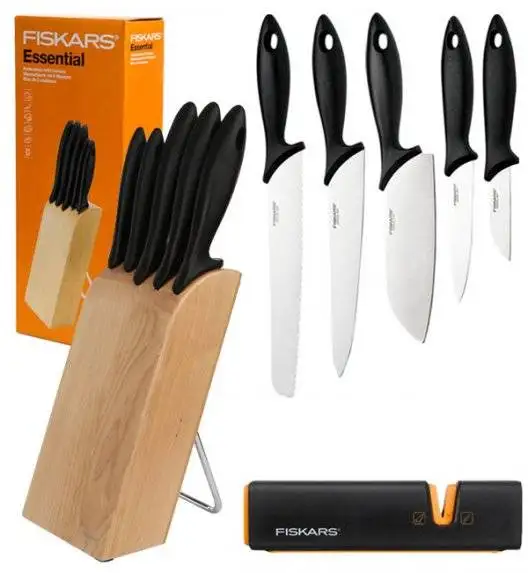 FISKARS ESSENTIAL Noże kuchenne 5 noży w bloku drewnianym / 1023782 + ostrzałka Fiskars Edge